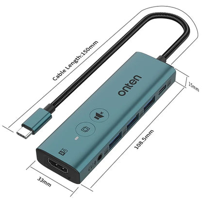ONTEN UC123+ 15cm Cable Type-C to HD+3xUSB3.0+USB-C+3.5mm Ports USB Hub Adapter with Buttons