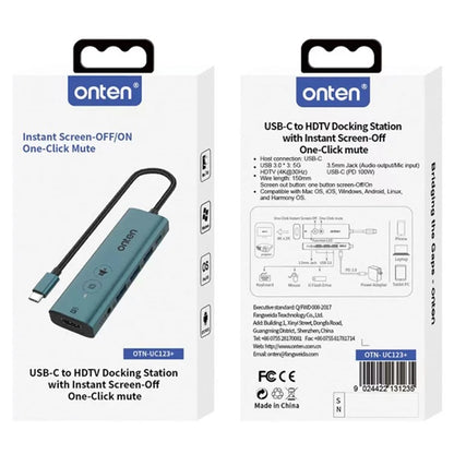 ONTEN UC123+ 15cm Cable Type-C to HD+3xUSB3.0+USB-C+3.5mm Ports USB Hub Adapter with Buttons
