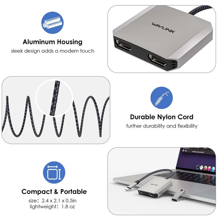 WAVLINK UHP510 Pro USB C to Dual HD Converter 4K 60Hz Dual Monitor Adapter Support 87W PD Charging