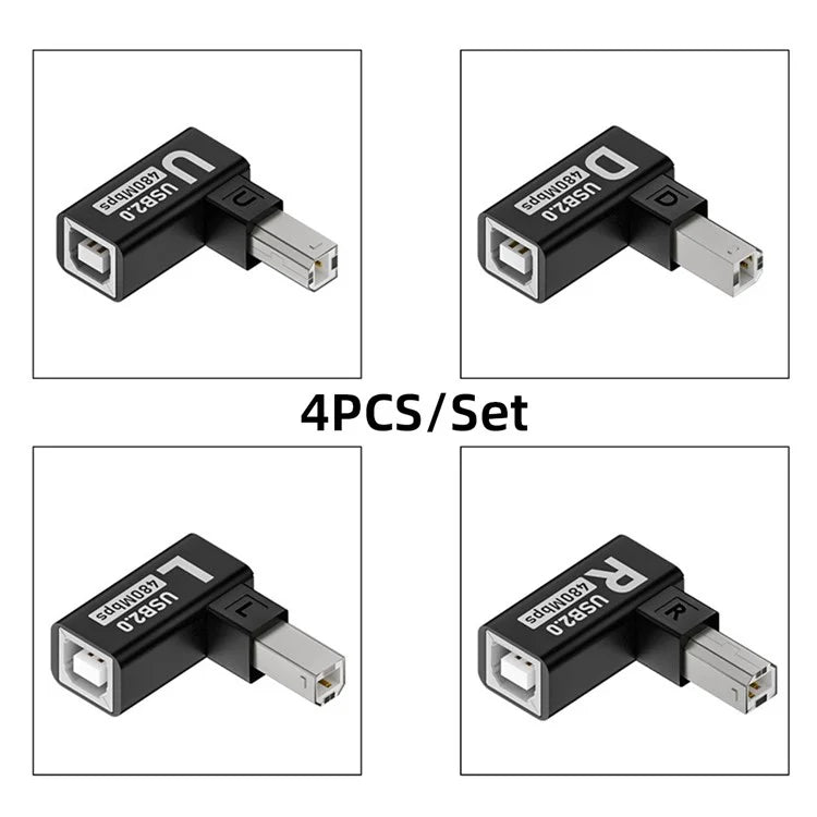 U2-038-BM002 4Pcs / Set USB 2.0 Type-B Male to Female Extension Adapter Horizontal Vertical Angled 90 Degree for Printer Scanner