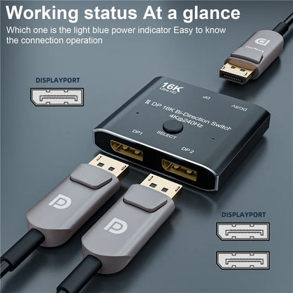 DP-030-16K DP DisplayPort 2.0 Bi-Direction 2x1 Switch Hub Support HDCP SST Extended 16K / 60hz 4K / 240hz Converter