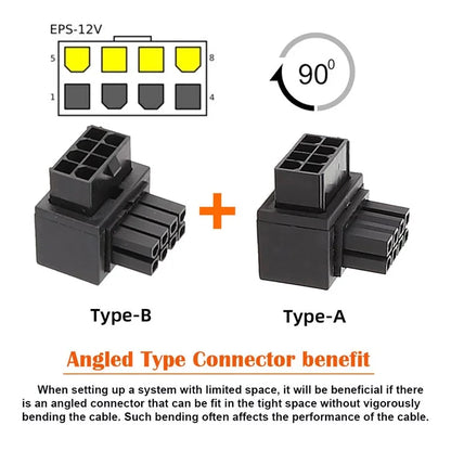 PW-054 2Pcs / Set ATX 8P EPS Male to Female 90 Degree Up+Down Angled Power Adapter for CPU 12V