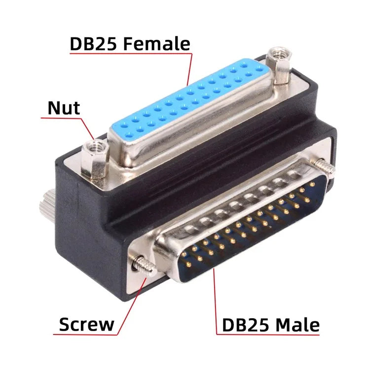 DB-008-UP DB-25PIN Up 90-Degree Angled DSUB Parallel LPT AES / EBU 25-Pin Male Screw to Female Nut Adapter