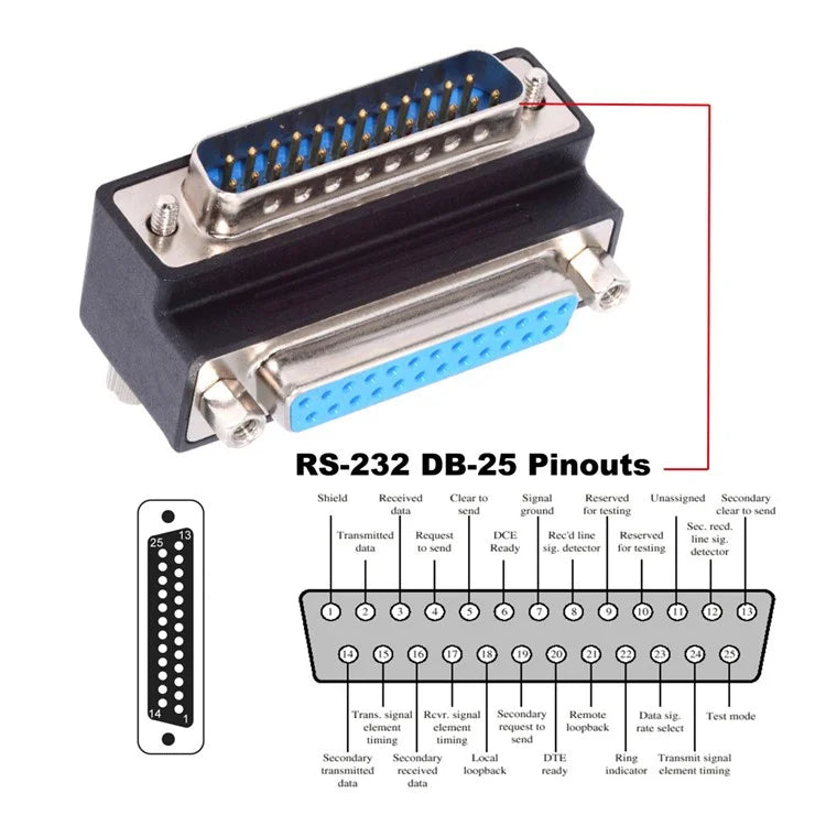 DB-008-UP DB-25PIN Up 90-Degree Angled DSUB Parallel LPT AES / EBU 25-Pin Male Screw to Female Nut Adapter