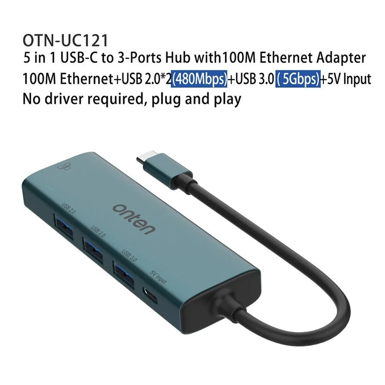 ONTEN UC121 5-in-1 USB Hub Type-C to USB3.0 + 2xUSB2.0 + Type-C Input + RJ45 100Mbps Network Adapter