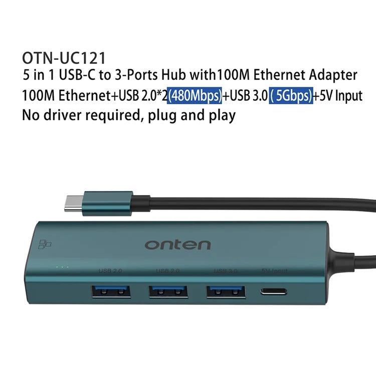 ONTEN UC121 5-in-1 USB Hub Type-C to USB3.0 + 2xUSB2.0 + Type-C Input + RJ45 100Mbps Network Adapter