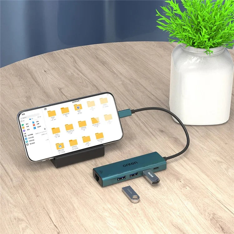 ONTEN UC121 5-in-1 USB Hub Type-C to USB3.0 + 2xUSB2.0 + Type-C Input + RJ45 100Mbps Network Adapter
