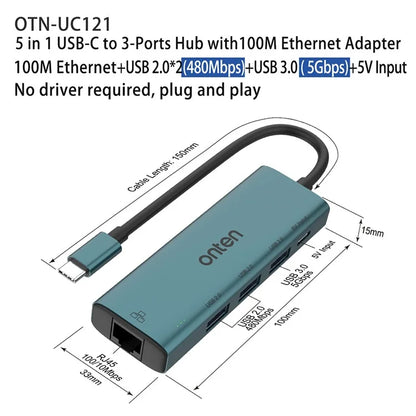 ONTEN UC121 5-in-1 USB Hub Type-C to USB3.0 + 2xUSB2.0 + Type-C Input + RJ45 100Mbps Network Adapter