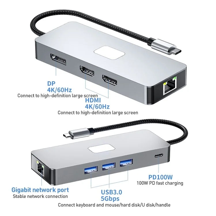 BYL-2401 8-In-1 USB-C to DisplayPort HD 4K Docking Station Adapter PD 100W Ethernet Connector