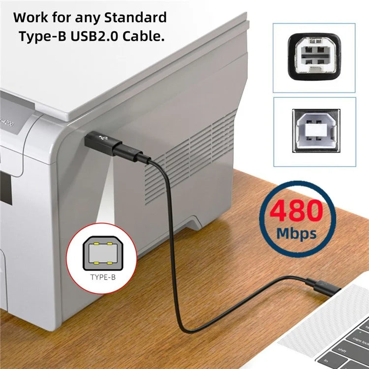 U2-010-CM 2Pcs / Set USB 2.0 B Type Female to Type-C Male Angled + Straight Extension Adapter for Printer Phone Disk