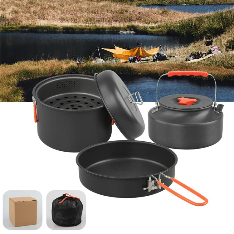 AOTU Camping 1.6L Kettle + 5.0L Cooking Steam Pot + Fry Pan (BPA-Free, No FDA)