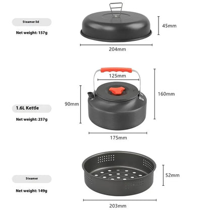 AOTU Camping 1.6L Kettle + 5.0L Cooking Steam Pot + Fry Pan (BPA-Free, No FDA)