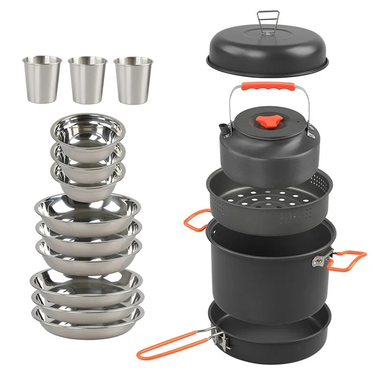 AOTU DS-718 Camping Cookware Set Kettle Cooking Pot Fry Pan Stainless Steel Plate Bowl Water Cup (BPA-Free, No FDA)