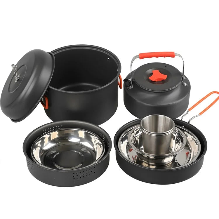 AOTU DS-718 Camping Cookware Set Kettle Cooking Pot Fry Pan Stainless Steel Plate Bowl Water Cup (BPA-Free, No FDA)