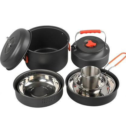 AOTU DS-718 Camping Cookware Set Kettle Cooking Pot Fry Pan Stainless Steel Plate Bowl Water Cup (BPA-Free, No FDA)