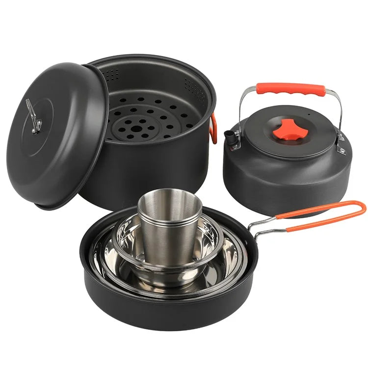 AOTU DS-718 Camping Cookware Set Kettle Cooking Pot Fry Pan Stainless Steel Plate Bowl Water Cup (BPA-Free, No FDA)