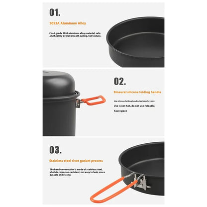 AOTU DS-718 Camping Cookware Set Kettle Cooking Pot Fry Pan Stainless Steel Plate Bowl Water Cup (BPA-Free, No FDA)