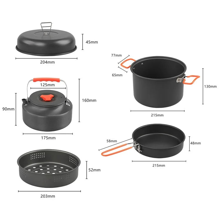 AOTU DS-718 Camping Cookware Set Kettle Cooking Pot Fry Pan Stainless Steel Plate Bowl Water Cup (BPA-Free, No FDA)