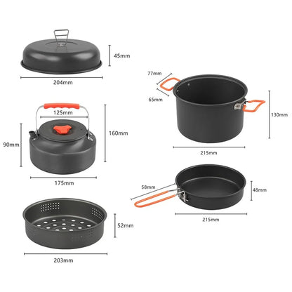 AOTU DS-718 Camping Cookware Set Kettle Cooking Pot Fry Pan Stainless Steel Plate Bowl Water Cup (BPA-Free, No FDA)