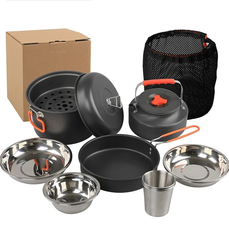 AOTU DS-718 Camping Cookware Set Kettle Cooking Pot Fry Pan Stainless Steel Plate Bowl Water Cup (BPA-Free, No FDA)