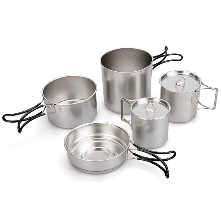AL687778680059 5Pcs / Set 304 Stainless Steel Foldable Handle Outdoor Picnic Pot Cup Set (No FDA, BPA-free)