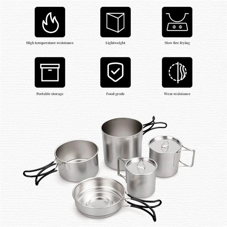 AL687778680059 5Pcs / Set 304 Stainless Steel Foldable Handle Outdoor Picnic Pot Cup Set (No FDA, BPA-free)