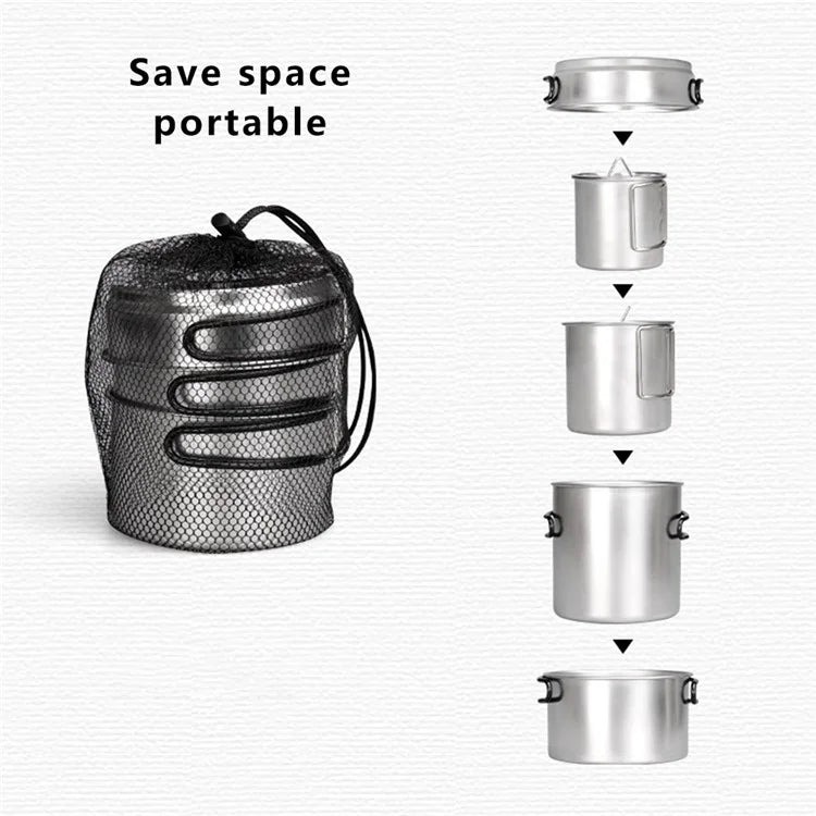 AL687778680059 5Pcs / Set 304 Stainless Steel Foldable Handle Outdoor Picnic Pot Cup Set (No FDA, BPA-free)
