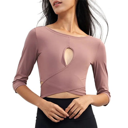 CX1589 Women's Gym Tops Yoga Clothing T-Shirt Light Nuls Round Neck Cropped