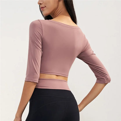 CX1589 Women's Gym Tops Yoga Clothing T-Shirt Light Nuls Round Neck Cropped