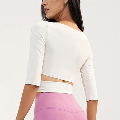 CX1589 Women's Gym Tops Yoga Clothing T-Shirt Light Nuls Round Neck Cropped