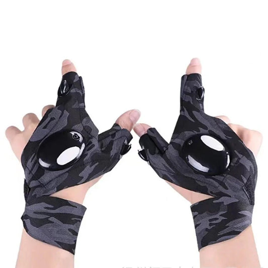 LED Flashlight Gloves for Fishing, Camping, Night Running, Cycling (Powered By Button Battery)