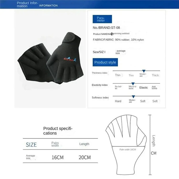 BLUE DIVE ST-08 1 Pair Neoprene Aquatics Gloves Webbed Swimming Gloves Water Training Paddles