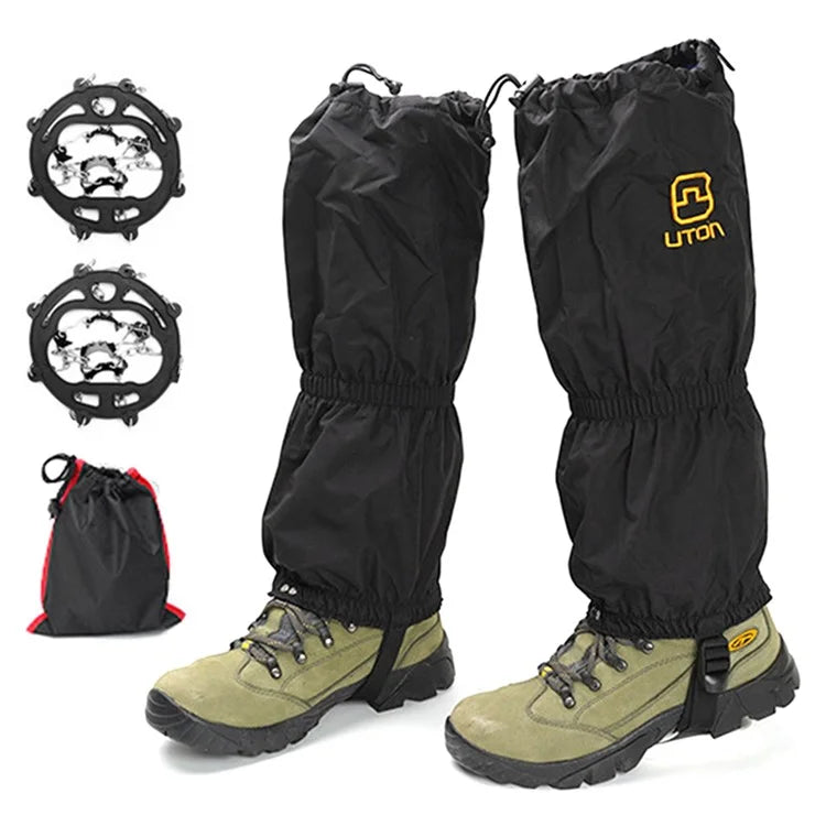 AOTU 1 Pair Anti-slip TPE+Manganese Steel Crampons + 210D Oxford Cloth Leg Gaiters Snow Walking Shoes Accessories