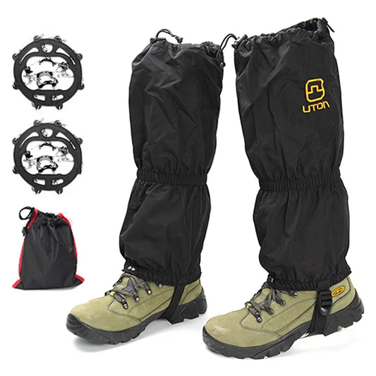 AOTU 1 Pair Anti-slip TPE+Manganese Steel Crampons + 210D Oxford Cloth Leg Gaiters Snow Walking Shoes Accessories