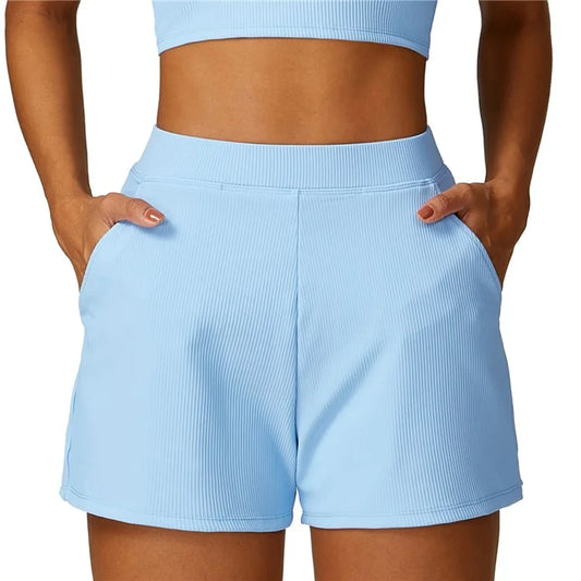 8526 Women Ribbed High Waist Yoga Shorts with Pockets for Gym Cycling Running