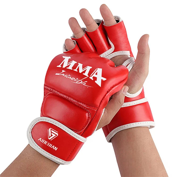 AIBEIJIAN Half Finger Boxing Gloves PU Leather MMA Fighting Kickboxing Gloves for Muay Thai Training Workout