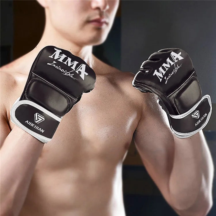 AIBEIJIAN Half Finger Boxing Gloves PU Leather MMA Fighting Kickboxing Gloves for Muay Thai Training Workout