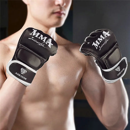 AIBEIJIAN Half Finger Boxing Gloves PU Leather MMA Fighting Kickboxing Gloves for Muay Thai Training Workout