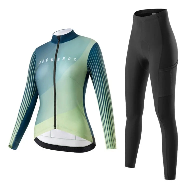 ROCKBROS Cycling Clothing Sets with Long Sleeve Top, Bottom Cycling Jersey Bike Bib Pants with Foam Padded