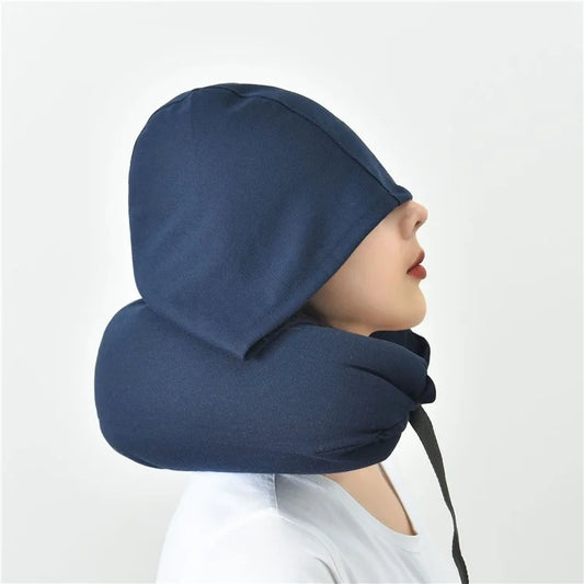 Travel Pillow Cotton U-Shape Head Rest Neck Pillow with Hood for Airplane Car Office