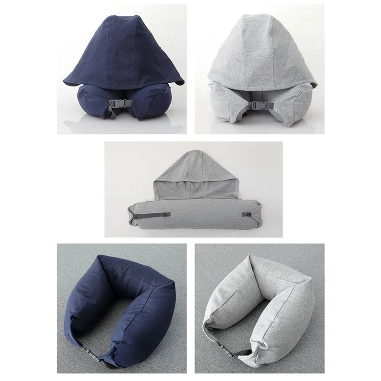 Travel Pillow Cotton U-Shape Head Rest Neck Pillow with Hood for Airplane Car Office