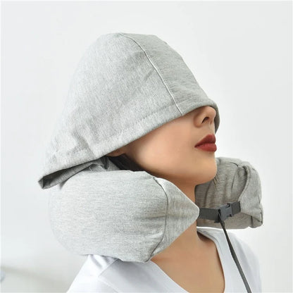 Travel Pillow Cotton U-Shape Head Rest Neck Pillow with Hood for Airplane Car Office