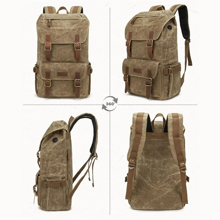 K58 Flap Design Waxed Canvas Backpack for Men Women Laptop Carrying Shoulder Bag
