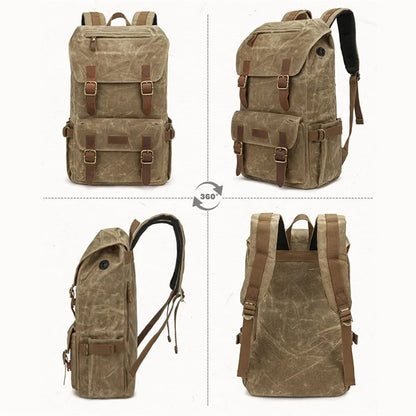 K58 Flap Design Waxed Canvas Backpack for Men Women Laptop Carrying Shoulder Bag