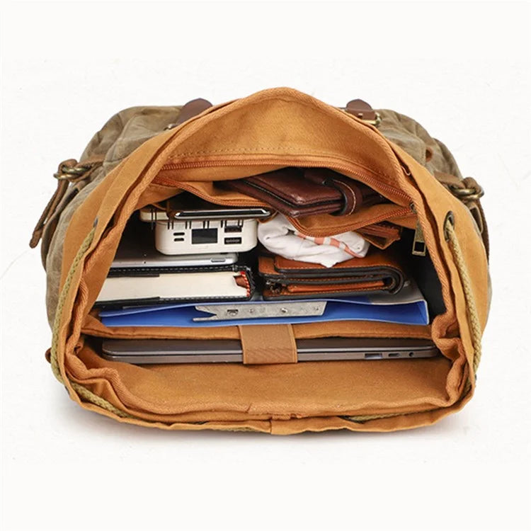 K58 Flap Design Waxed Canvas Backpack for Men Women Laptop Carrying Shoulder Bag