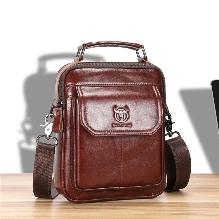 BULLCAPTAIN 049 Retro Cowhide Leather Crossbody Bag Large Men's Daypack Travel Bag