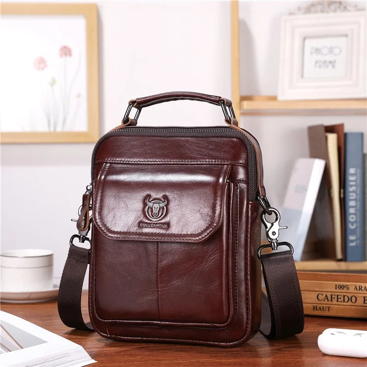 BULLCAPTAIN 049 Retro Cowhide Leather Crossbody Bag Large Men's Daypack Travel Bag