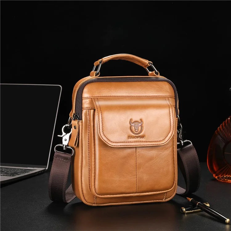 BULLCAPTAIN 049 Retro Cowhide Leather Crossbody Bag Large Men's Daypack Travel Bag