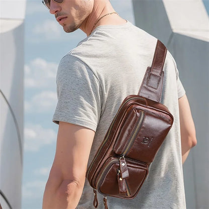 BULLCAPTAIN 082 Travel Outdoor Men Chest Bag Top Layer Cowhide Leather Waist Pack