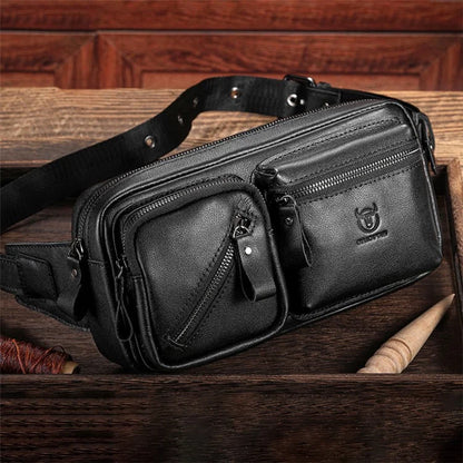 BULLCAPTAIN 082 Travel Outdoor Men Chest Bag Top Layer Cowhide Leather Waist Pack